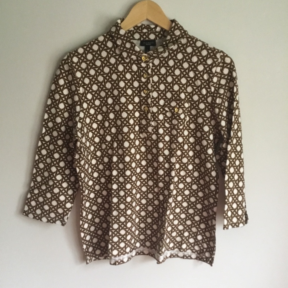 Talbots Green Retro Pattern Blouse Size Large